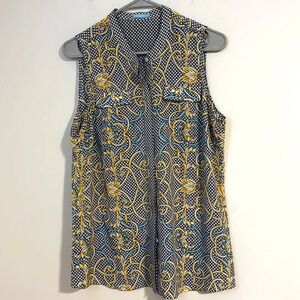 J. McLaughlin Derby print equestrian gold chain 100% silk button down blouse